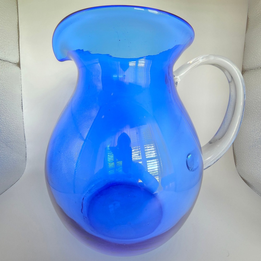 Unbranded Glass Pitcher Unisex 8in Cobalt Blue Hand Blown Art Glass Clear Handle
